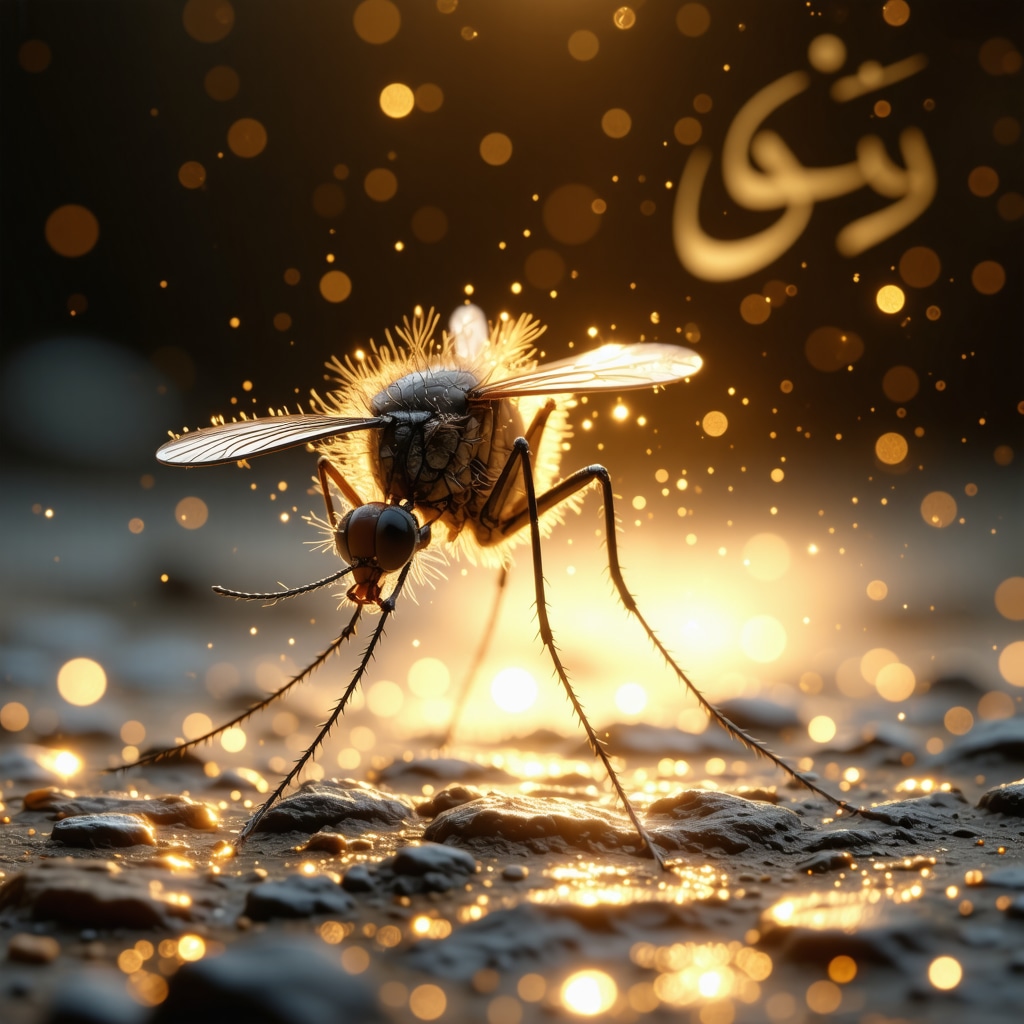 Mosquito Symbolizing Spiritual Purification in Islamic Mysticism Illustration of a mosquito glowing with golden light surrounded by Islamic calligraphy patterns, representing spiritual purification and reflection.