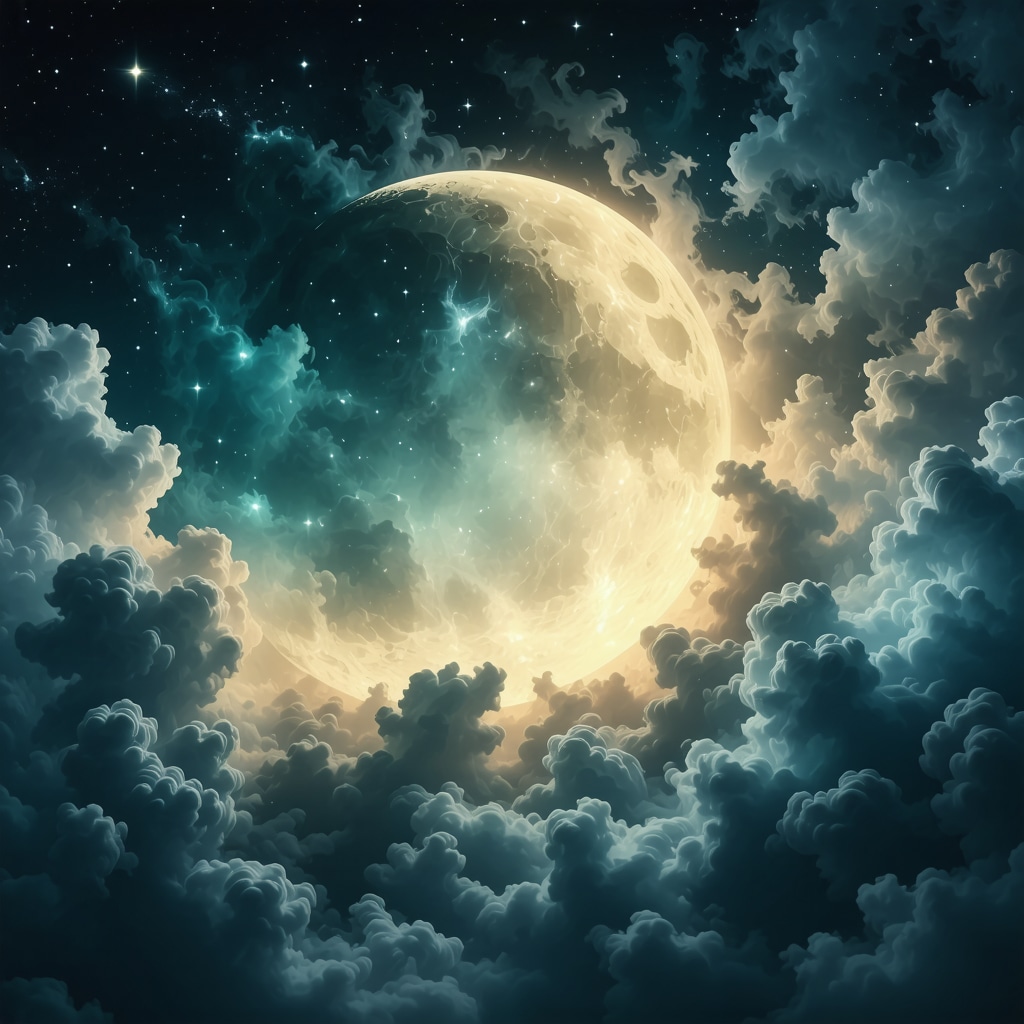 Mystical night sky with crescent moon and swirling mist symbolizing spiritual purification and dream transformation in Islamic context