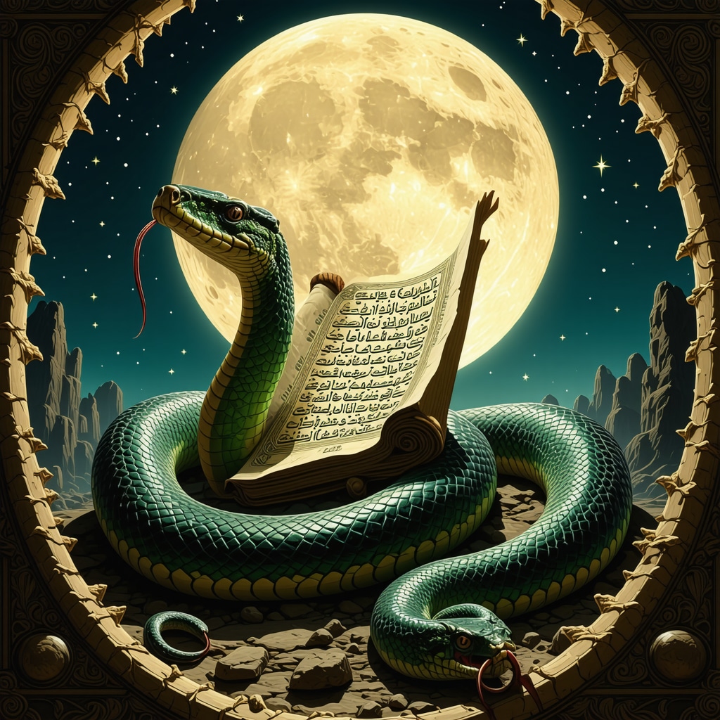 Illustration of a snake wrapped around an Islamic scroll glowing under moonlight symbolizing spiritual wisdom