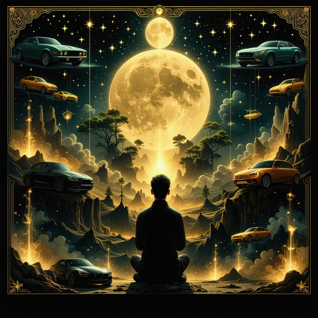 Reflective interpretation of Islamic dream symbolism with cars Person contemplating dream symbols of cars intertwined with Islamic motifs representing spiritual insight