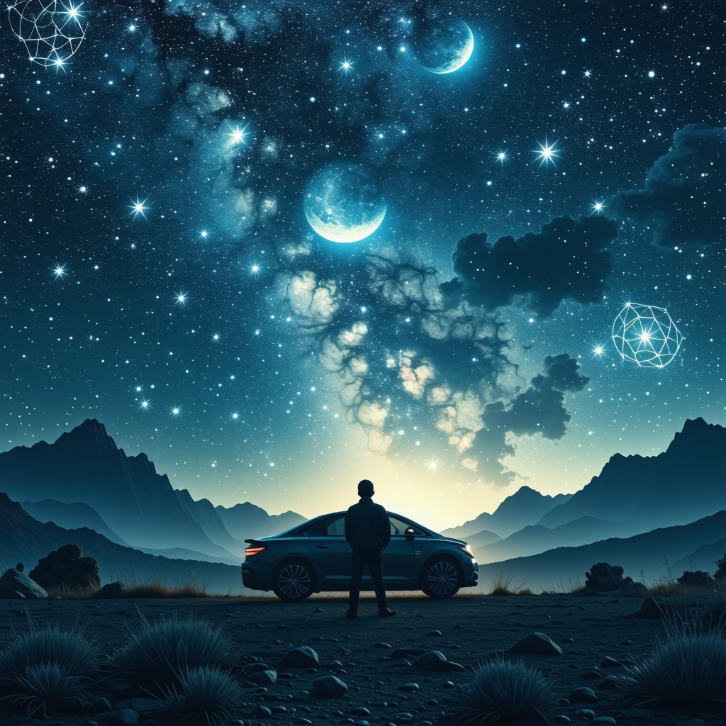 Reflective person contemplating car dream with Islamic symbolism Person reflecting on a car dream with Islamic geometric patterns at night