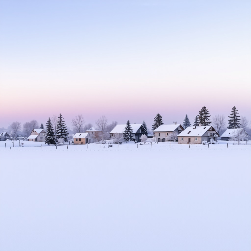 Serene snowy landscape symbolizing spiritual purity in Islamic tradition Snow-covered peaceful village at dawn representing purity and spiritual renewal in Islamic dream symbolism