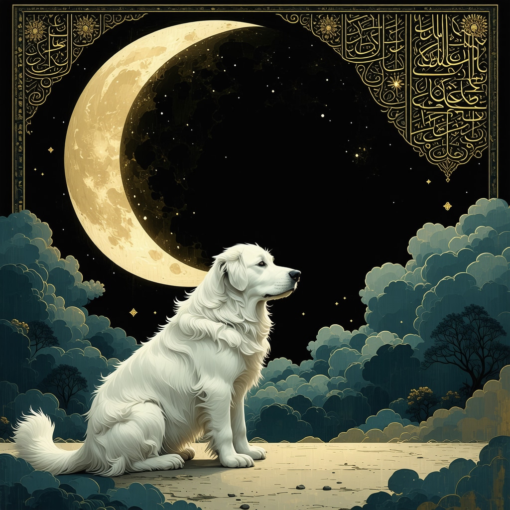 Simbolismul câinelui în visele islamice ilustrat printr-un peisaj oniric spiritual Peisaj oniric islamic cu un câine alb calm însoțind o persoană meditativă, simbolizând protecția și ghidarea divină