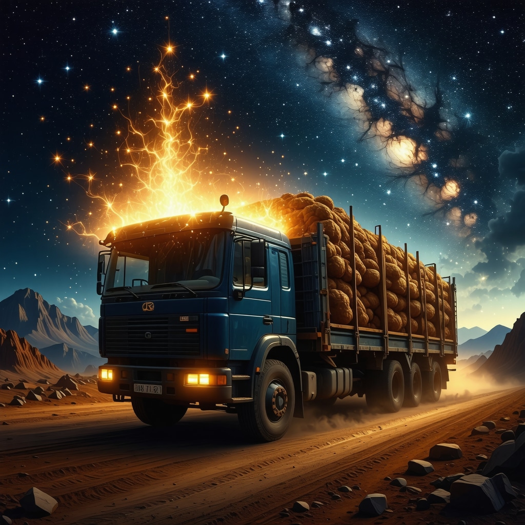 Simbolismul camionului în visele islamice Camion simbolic cu încărcătură luminoasă sub cer înstelat, cu motive islamice geometrice