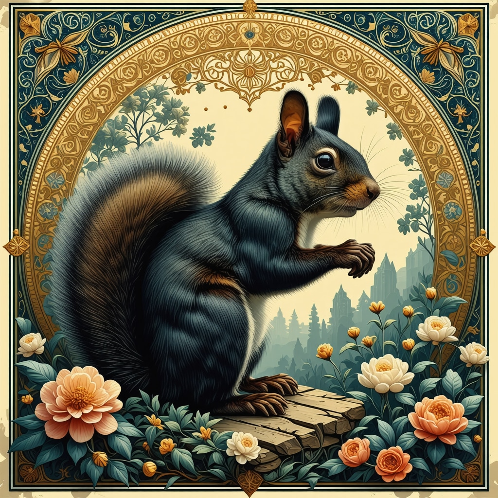 Ilustrație simbolică a unei vjeverițe în context spiritual islamic cu elemente de echilibru și înțelepciune