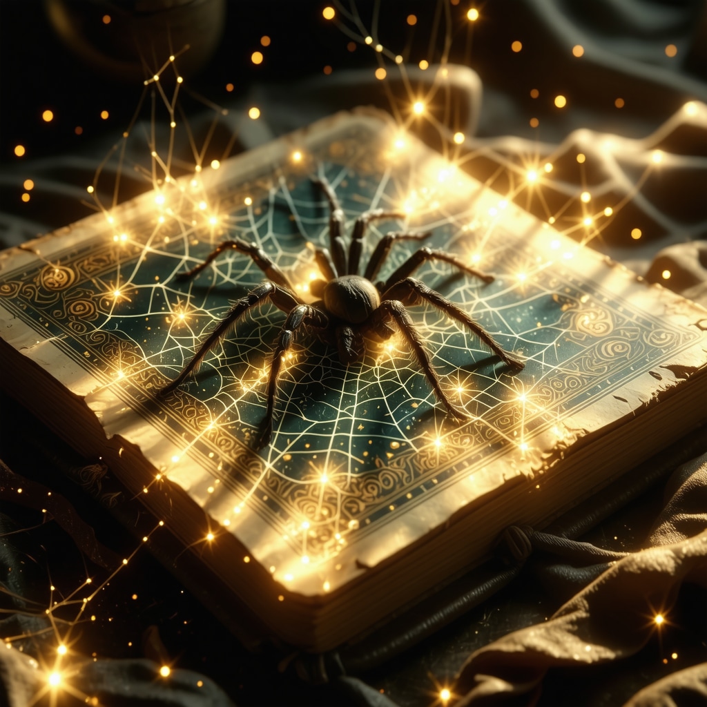 Spider's web over Quran - spiritual symbolism in Islamic dream interpretation Illustration of a spider's web glowing over an open Quran representing spiritual protection and complex symbolism