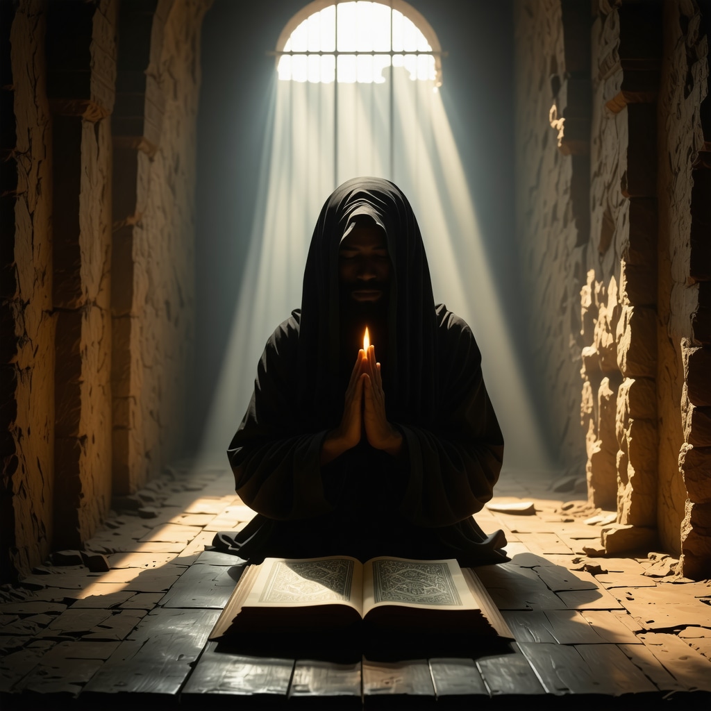 A serene prison cell with light shining through bars, Quran glowing, and a figure in prayer symbolizing hope and divine guidance