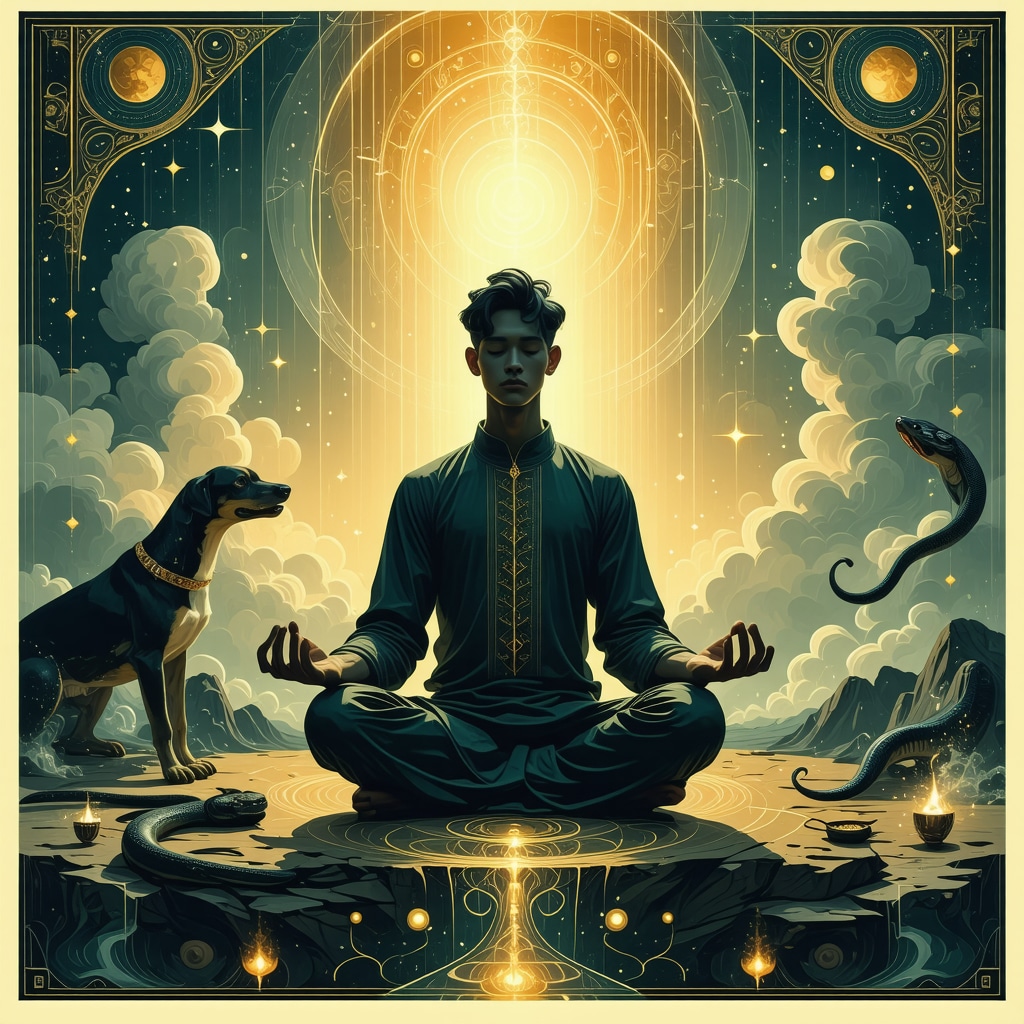 Spiritual Dream Symbolism in Islam Illustration of a meditating figure surrounded by Islamic dream symbols like snake, dog, and light symbolizing purification