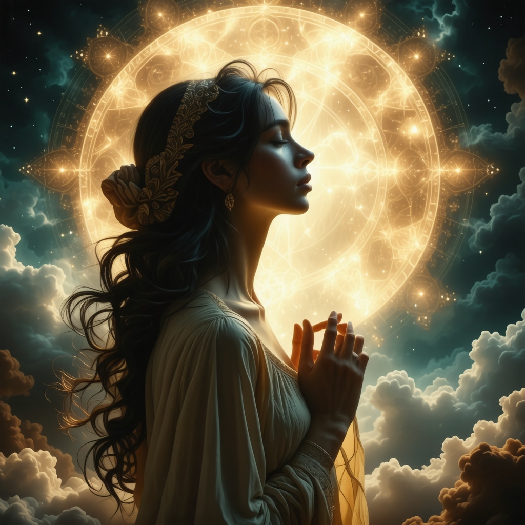 Artistic depiction of a serene woman surrounded by soft light and Islamic geometric patterns symbolizing spiritual gestation in dreams