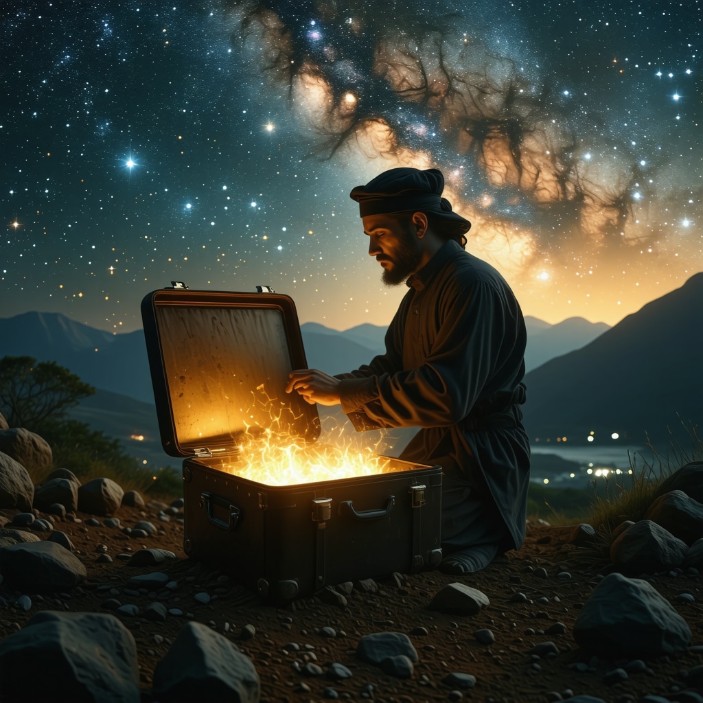 Spiritual Journey Through the Symbolism of a Suitcase in Islamic Dreams Traveler opening a glowing suitcase under starry sky representing spiritual transformation