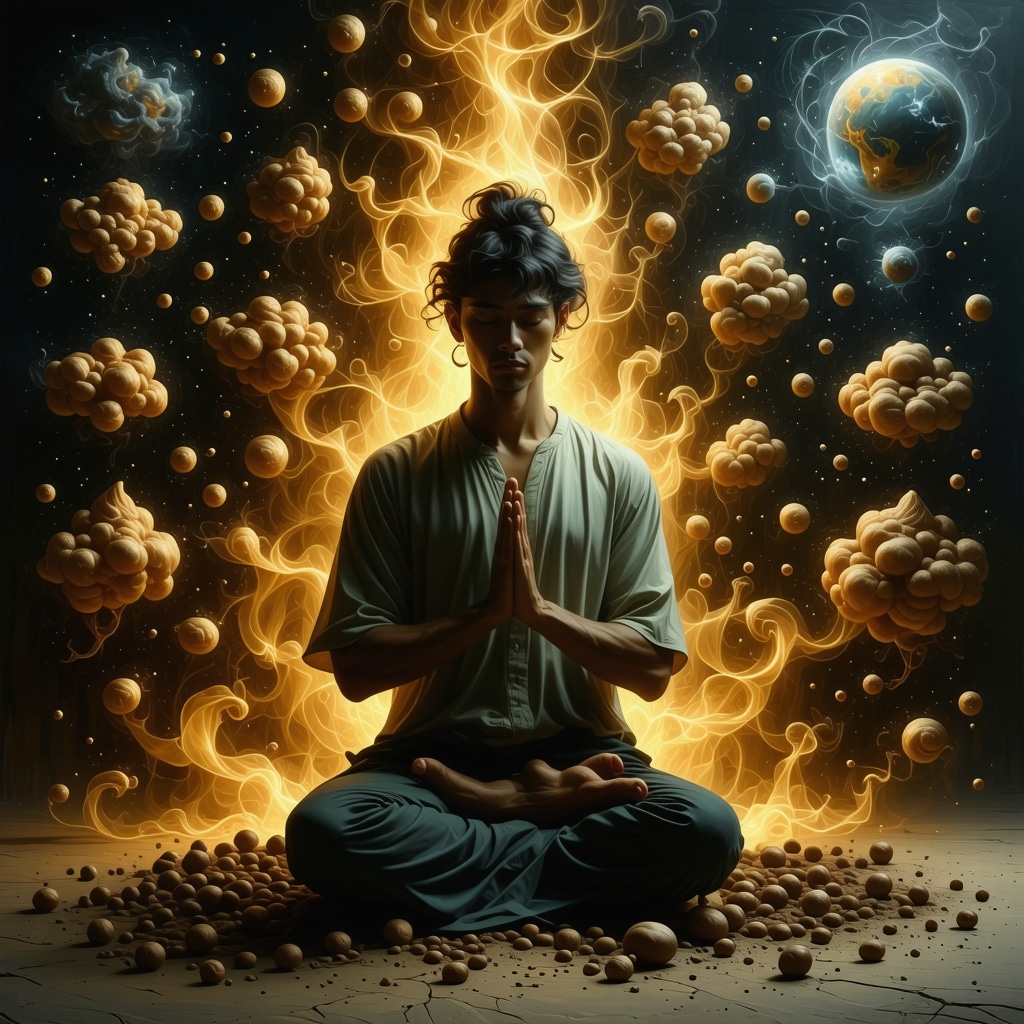 Meditating figure surrounded by symbolic dream elements including feces, illustrating purification and introspection in Islamic dream interpretation