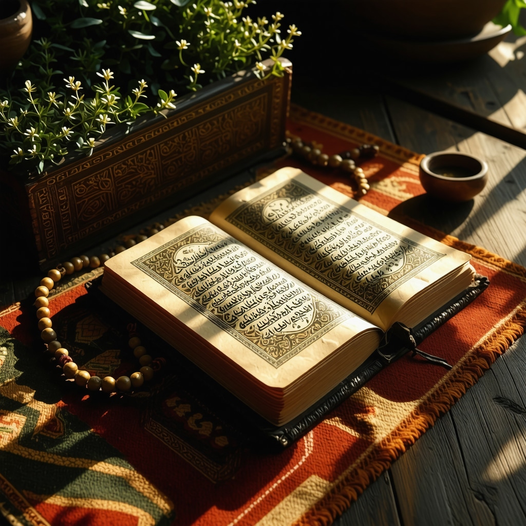Spiritual Quran and Islamic Prayer Beads Symbolizing Inner Purification Open Quran with prayer beads and symbolic poplavu representing spiritual cleansing in Islam