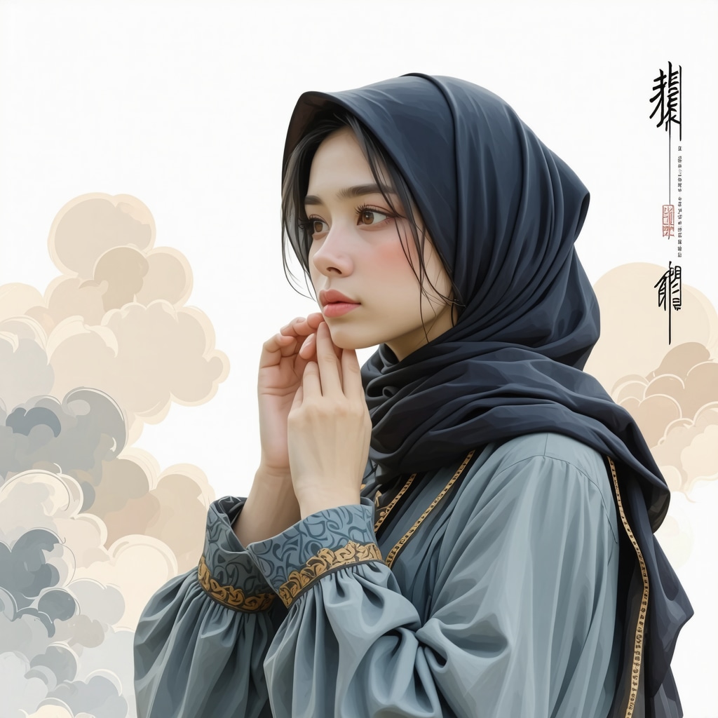 Spiritual Reflection on Hijab Symbolism in Dreams A woman thoughtfully adjusting her hijab surrounded by dreamlike spiritual symbols and cultural motifs