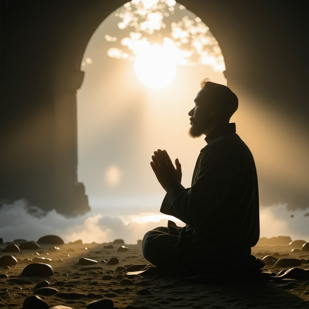 Spiritual Transformation Through Dream Interpretation in Islam Muslim person praying at dawn with symbolic dream imagery representing death and spiritual rebirth