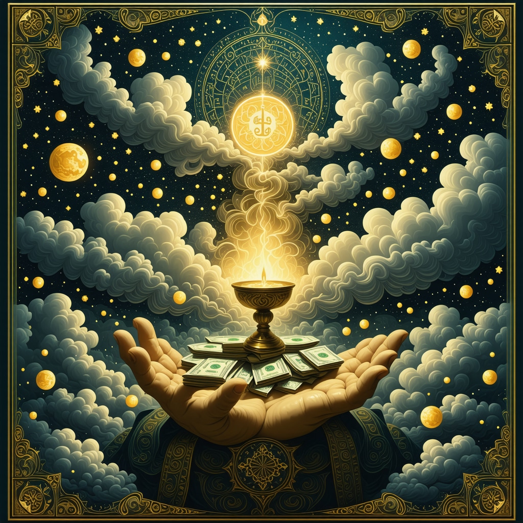 Spiritual and psychological integration of dreams with money in Islamic context Artistic representation of dreams about money blending Islamic spiritual symbols and psychological elements