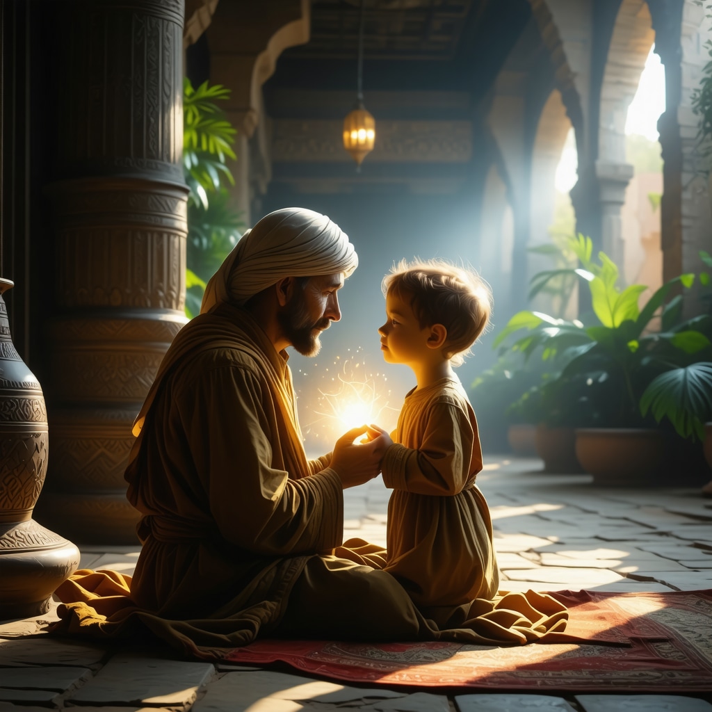 Spiritual communication through dreams with a child figure Glowing child whispering to adult in Islamic dream interpretation context