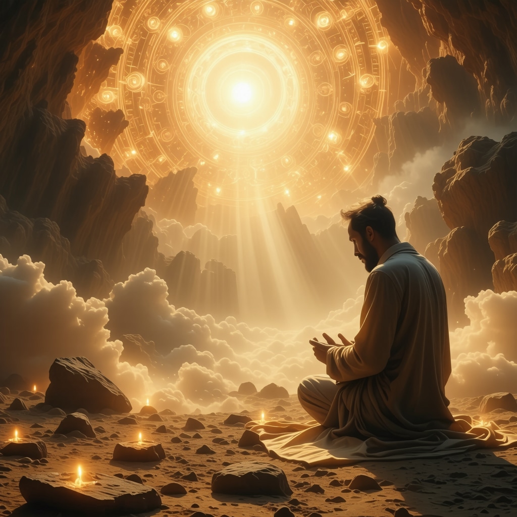 Spiritual connection through prayer after dreaming of deceased father in Islam Person praying at dawn with ethereal light symbolizing spiritual connection to deceased father, Islamic motifs