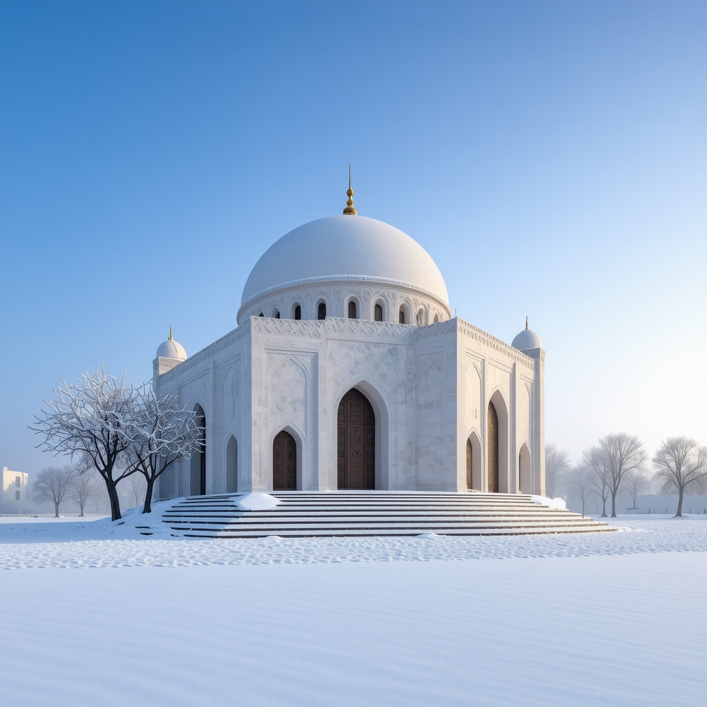 Spiritual snowy landscape with Islamic architecture Serene snowy landscape with white snow covering Islamic architecture at dawn symbolizing purity and spirituality