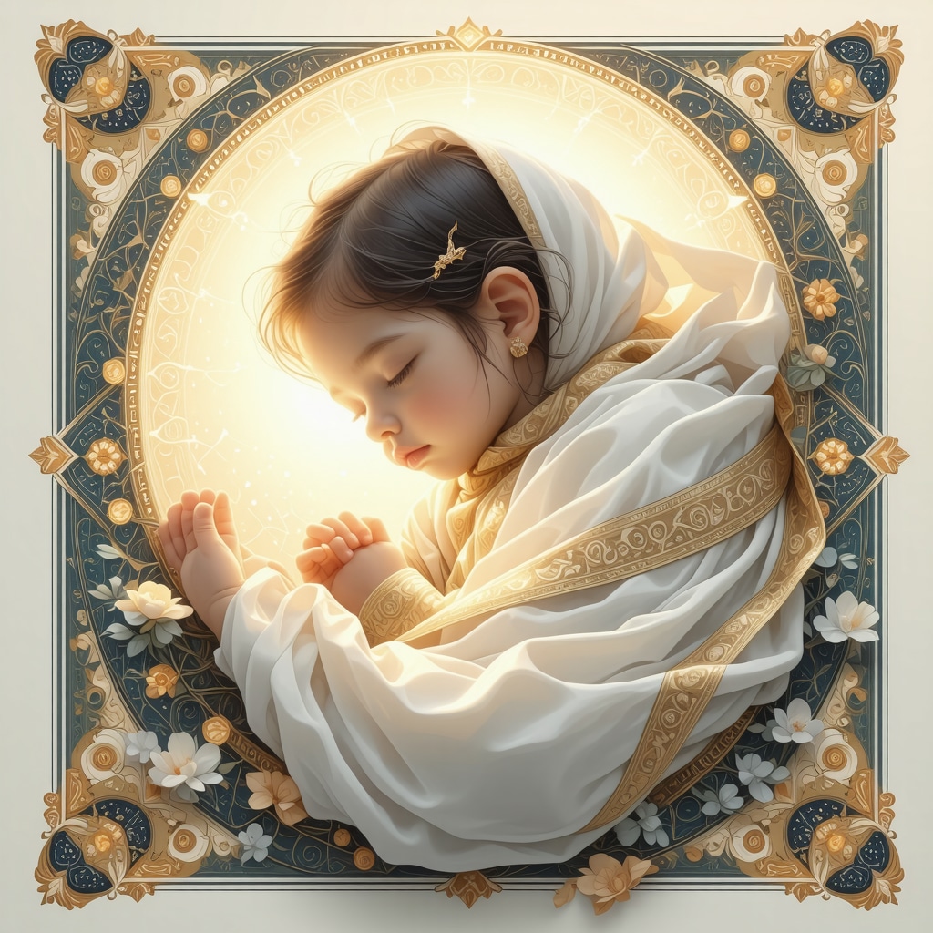 Spiritual symbolism of a newborn girl in Islamic dream interpretation Newborn girl enveloped in glowing light with Islamic geometric patterns symbolizing spiritual awakening