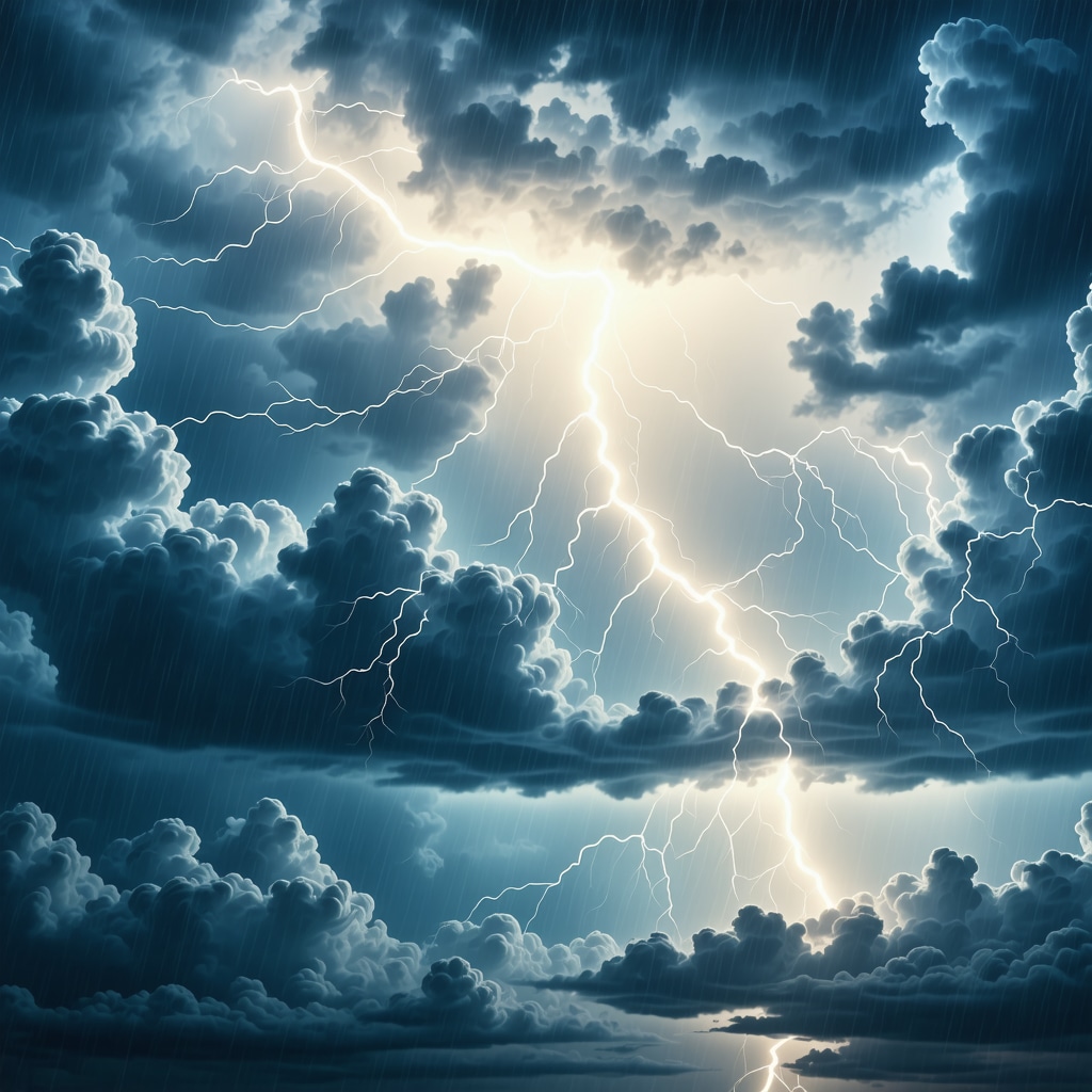 Spiritual transformation through storm in Islamic dreams Night sky with lightning and rain symbolizing spiritual transformation in Islamic dream interpretation