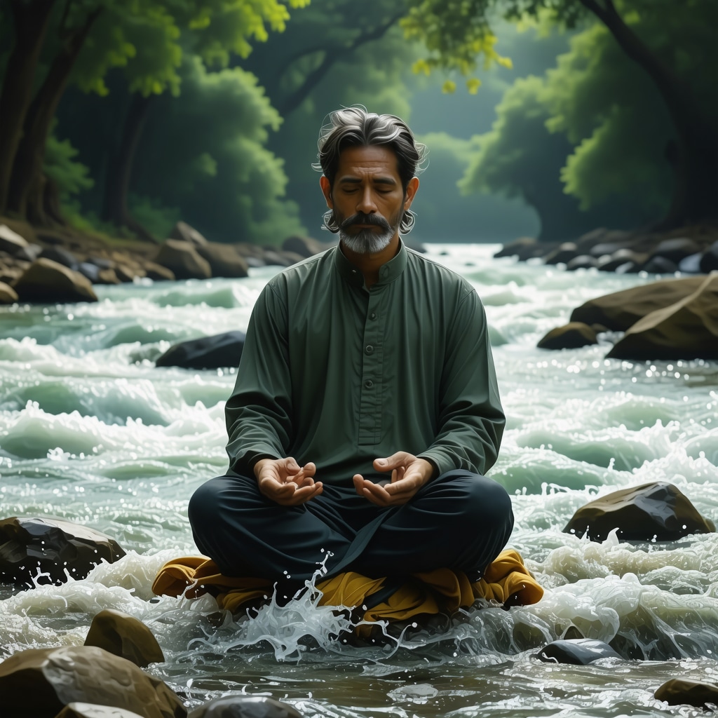 Sufi Meditation Symbolizing Spiritual Cleansing with Floodwaters Sufi practitioner meditating near gentle floodwaters representing spiritual purification and divine knowledge