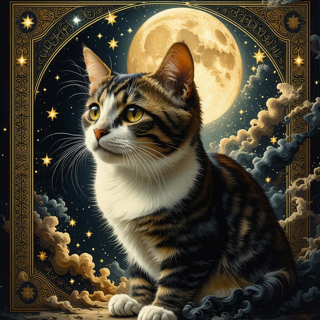 Symbolic Islamic Dream Cat with Quranic Calligraphy A mystical cat with symbolic colors surrounded by Quranic calligraphy and spiritual light
