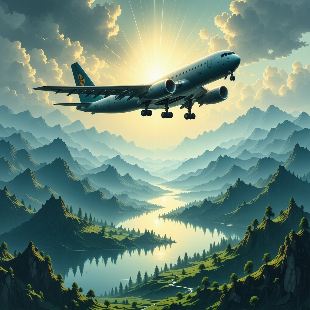Illustration of an airplane flying smoothly over landscapes with Islamic calligraphy symbolizing spiritual dream interpretation