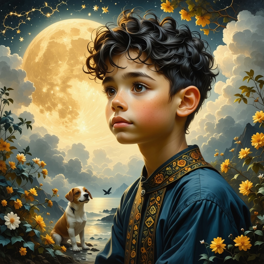 Illustration of a boy with wind and dog symbols in an Islamic art style representing dream interpretation