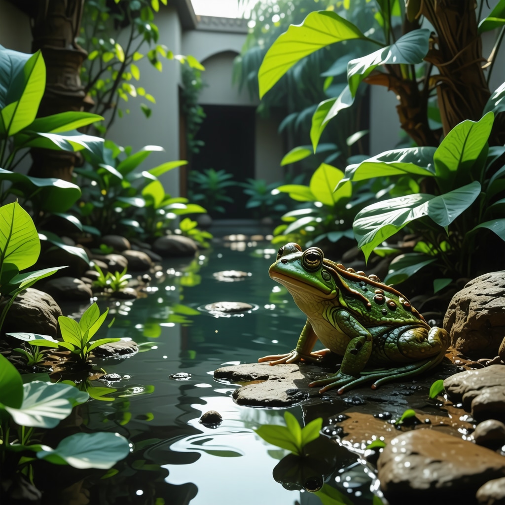Symbolic Zaba in Islamic Dream Interpretation A symbolic frog (zaba) sitting peacefully by a reflective pond in a lush Islamic garden at dawn