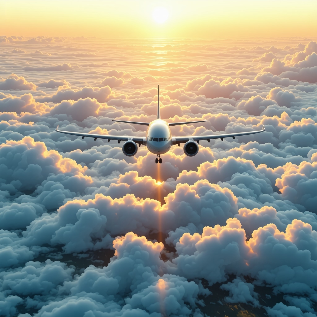 Airplane flying above clouds with Islamic patterns illustrating spiritual ascent