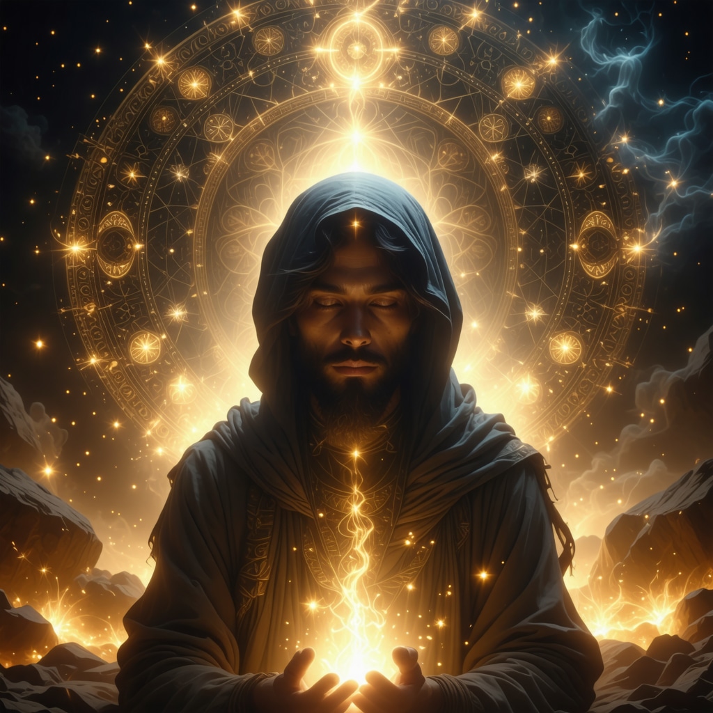 Symbolic representation of an unknown man as spiritual guide in Islamic dream interpretation An abstract figure of an unknown man glowing with ethereal light, surrounded by Islamic geometric motifs