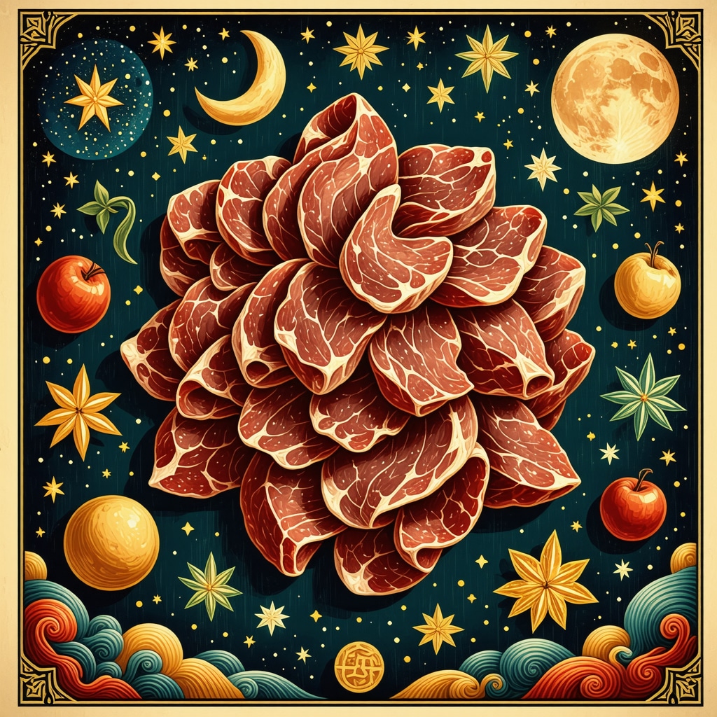 Symbolic representation of suho meso in Islamic dream interpretation Artistic depiction of dried meat with Islamic and psychological dream symbols