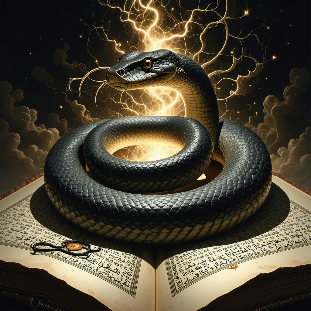 An intricate symbolic snake coiled around an Islamic manuscript glowing with spiritual light representing subconscious symbolism