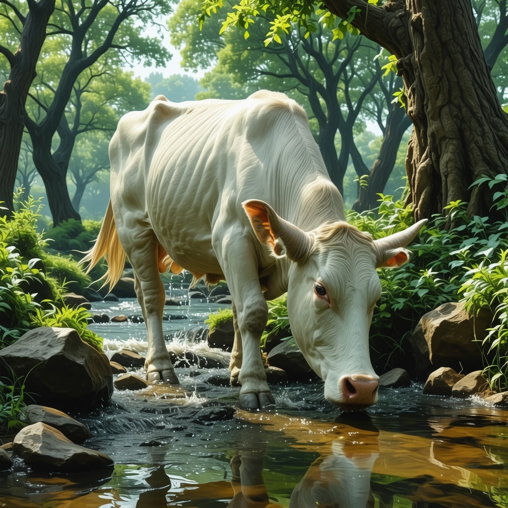 White Cow by Flowing Stream Symbolizing Spiritual Balance White cow peacefully grazing beside a clear stream in a green pastoral setting representing spiritual harmony