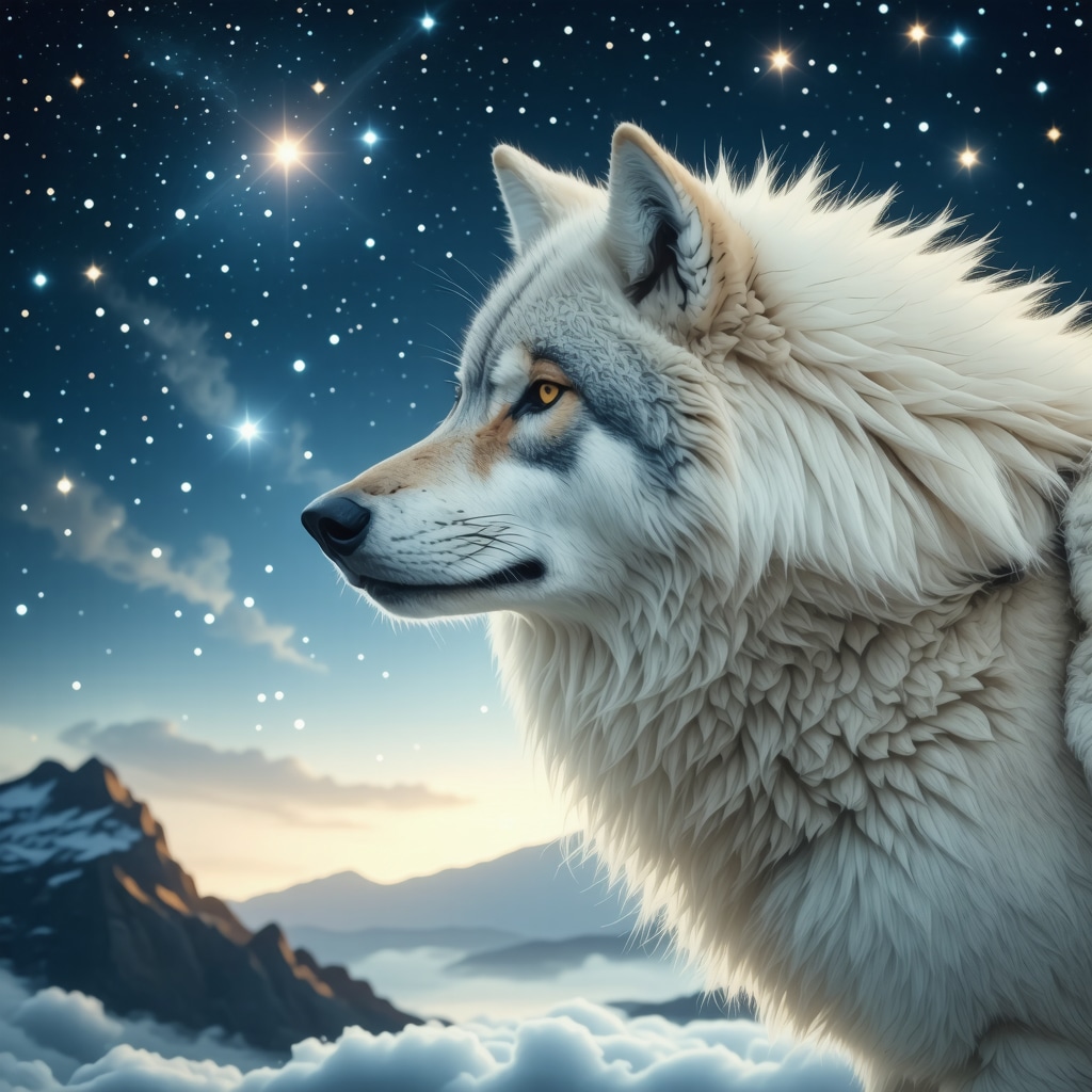 Majestic white wolf under starry night symbolizing spiritual guidance
