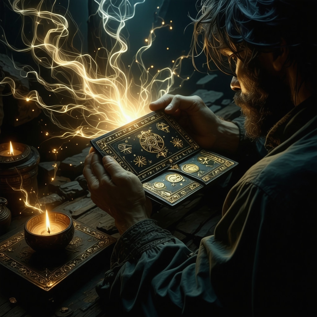 A person contemplating a symbolic wallet filled with divine symbols in a mystical Islamic style.