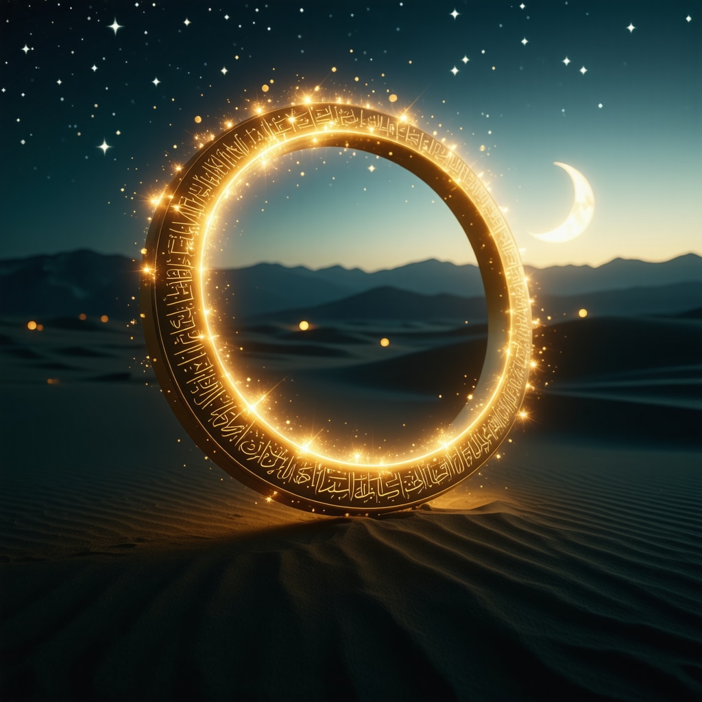 A glowing golden ring with Quranic inscriptions floating over a desert night background with crescent moon, symbolizing Islamic dream interpretation