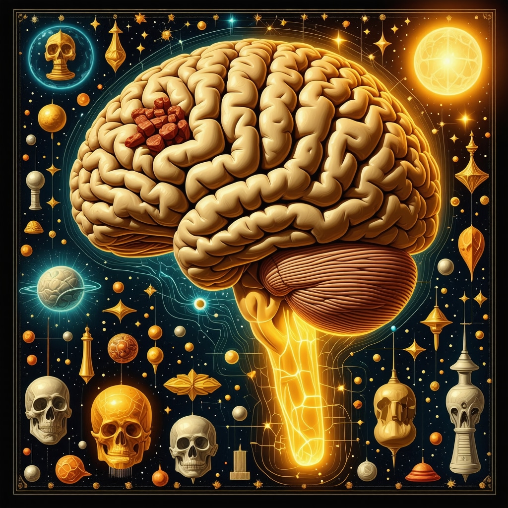 Interplay of Human Brain and Islamic Dream Symbols Illustration of human brain regions linked with Islamic dream symbols including grilled meat representing spiritual and material balance