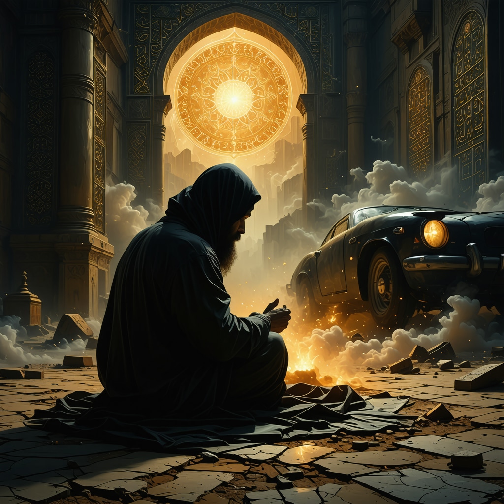 Interpretation of Dreams with Car Accidents in Islamic Context Symbolic image showing Islamic dream interpretation with car accident and spiritual symbols