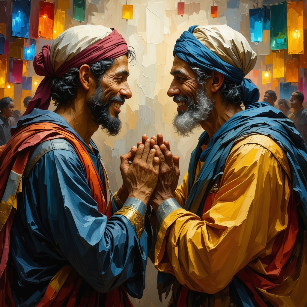 Islamic Gestures of Love and Unity Artwork depicting Islamic gestures of smiling and embracing, with intricate patterns