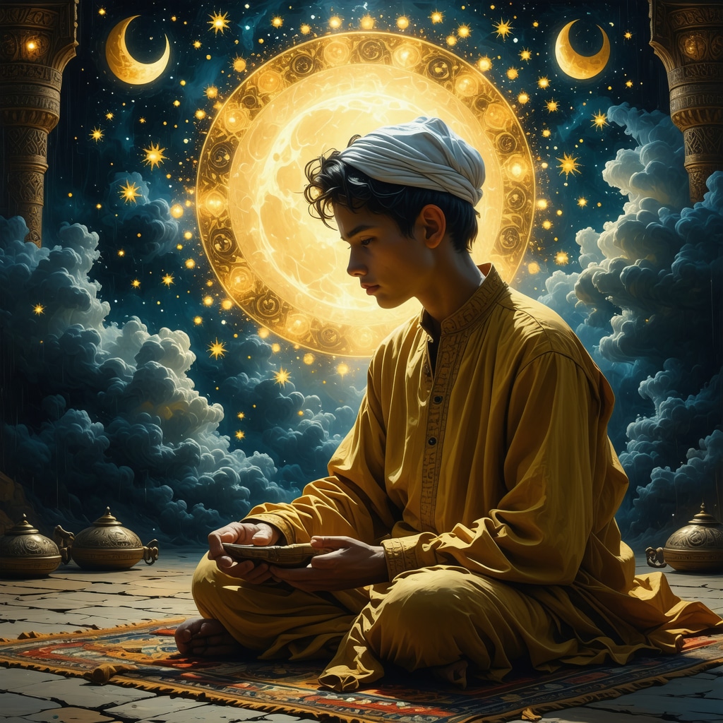 Islamic scholar interpreting dream symbolism of musko dijete Islamic scholar analyzing symbolic dream of a young boy with spiritual motifs