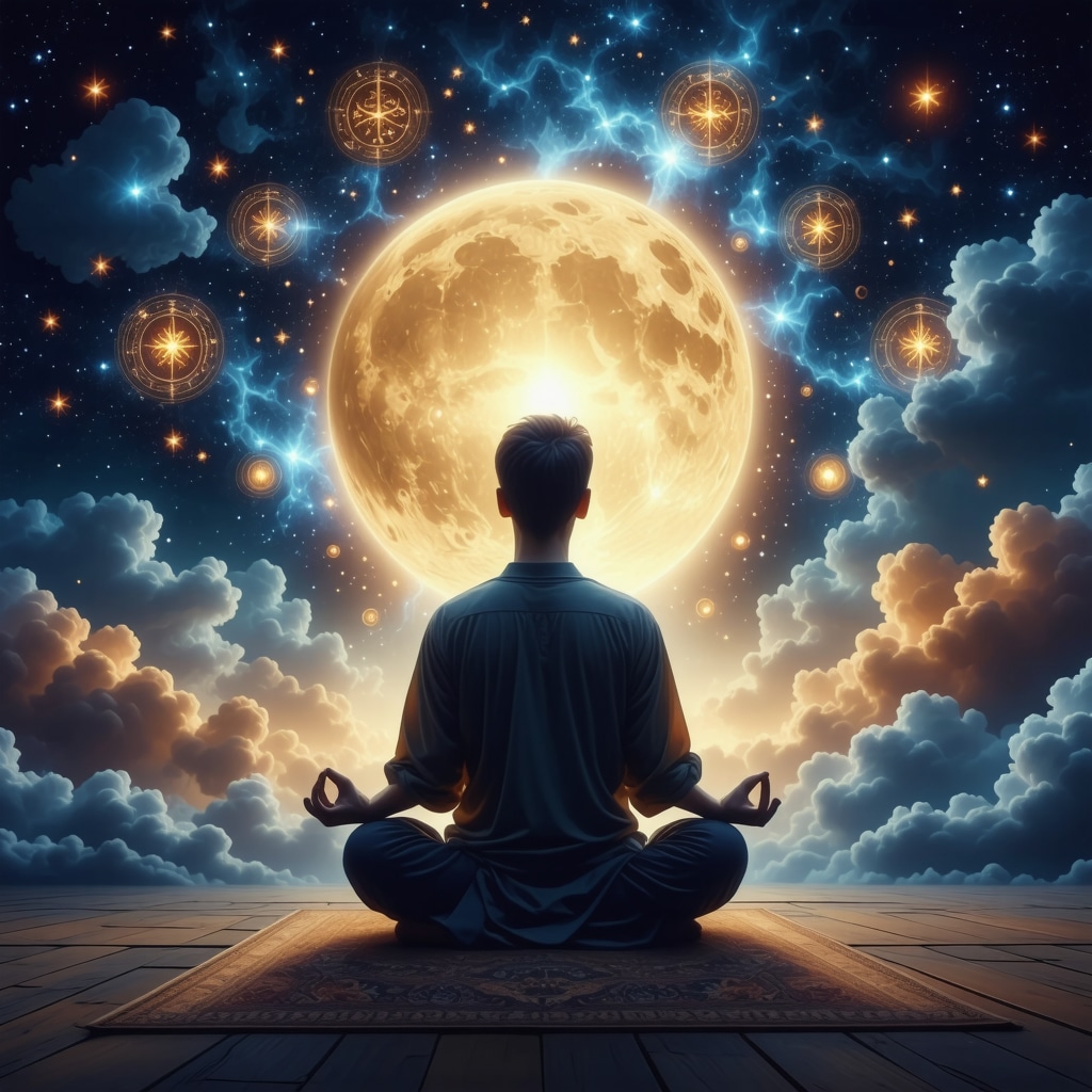 Persoană meditând într-un spațiu spiritual islamic, simboluri religioase, atmosferă liniștită