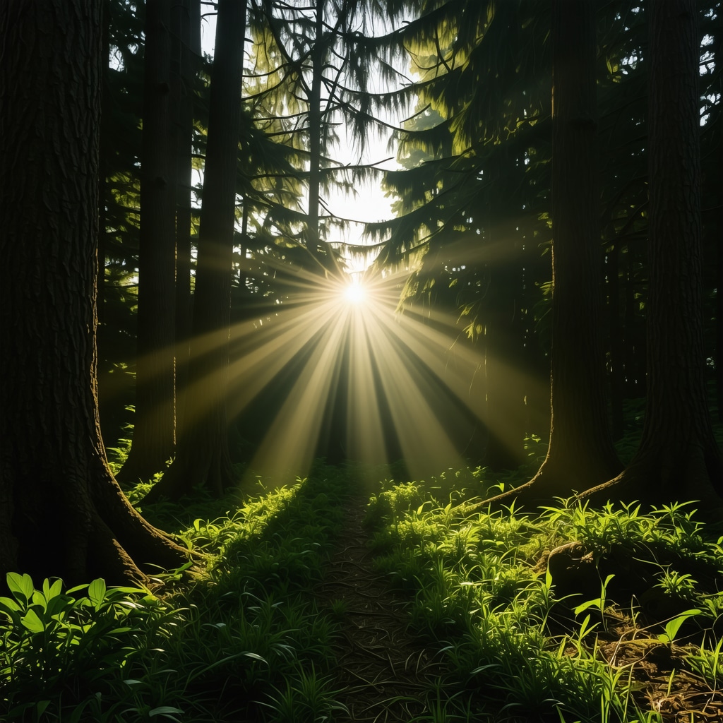 Peisaj de pădure cu raze de soare, simbolizând iluminarea spirituală