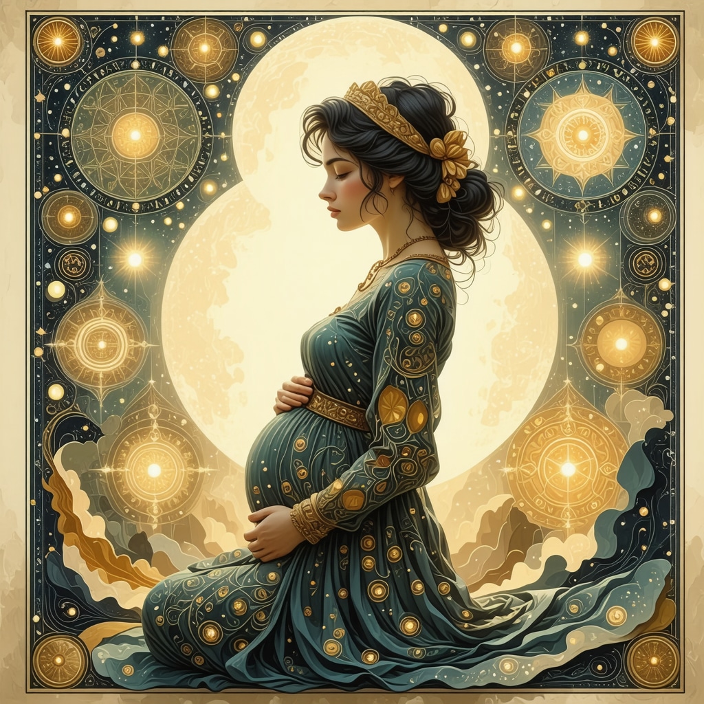 Spiritual Symbolism of Pregnant Woman in Islamic Dream Pregnant woman with Islamic spiritual motifs symbolizing deep dream interpretation