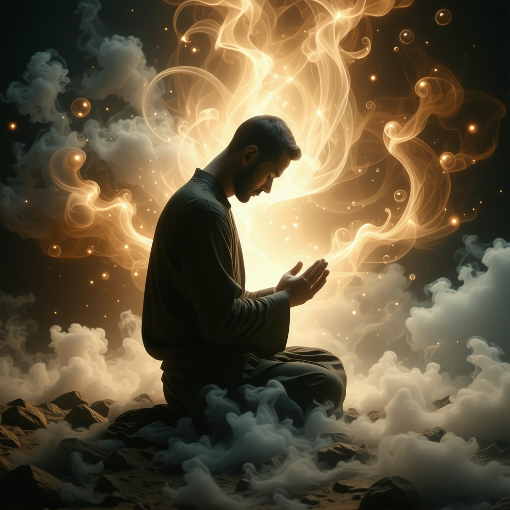 Person praying with glowing aura and symbolic buboes representing spiritual healing in Islamic dream interpretation
