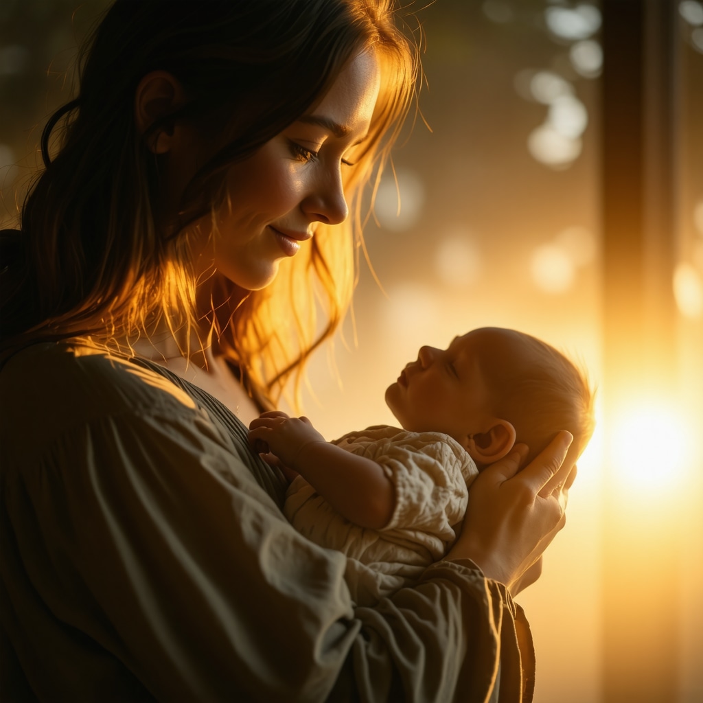 Symbolic of spiritual rebirth and hope in Islamic dreams A woman holding a newborn during sunrise, symbolizing hope and spiritual transformation.