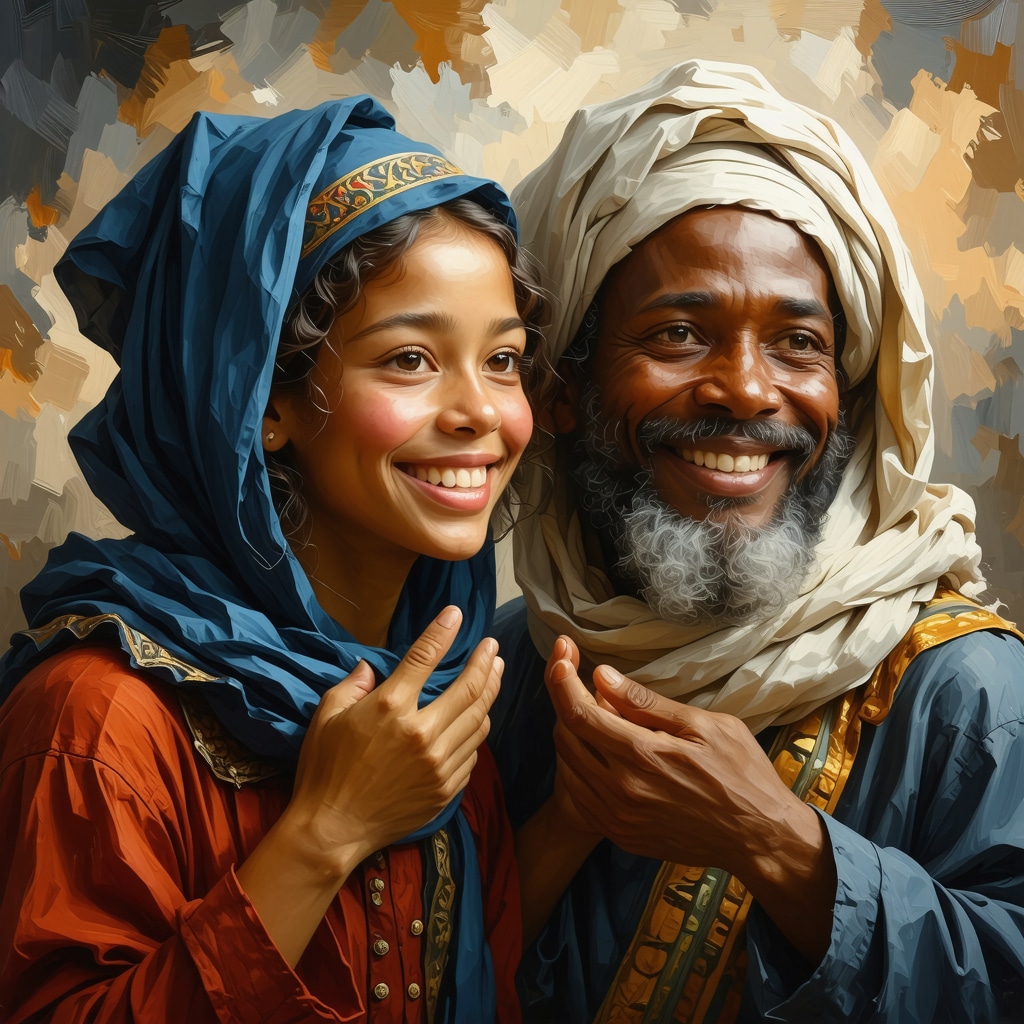 Symbolism of gestures in Islamic spirituality Illustration of Islamic gestures of smiling and embracing, highlighting spiritual symbolism