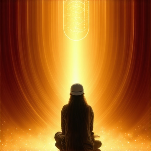 Person reflecting on a visa symbol in a spiritual dream, illuminated by divine light