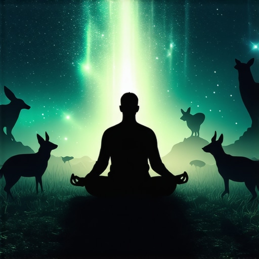 Meditation and Animal Symbols in Islam A serene image of a person meditating with symbolic animals around, representing spiritual connection in Islam