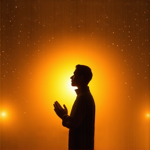 A person praying at night with symbolic dream images of health and divine guidance